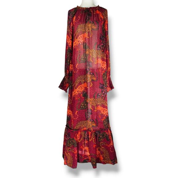 Farm Rio Jungle Jaguar Maxi Dress Ruffle Hem High Neck Sheer Long Sleeve Boho XL - Picture 3 of 10